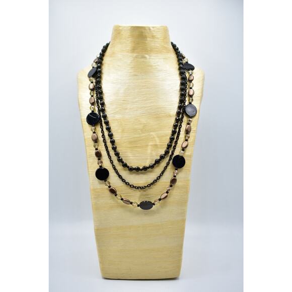 CG Statement Necklace Black Beaded Bronze Faux Crystal Triple Strand Shiny Bin5 - Picture 2 of 12